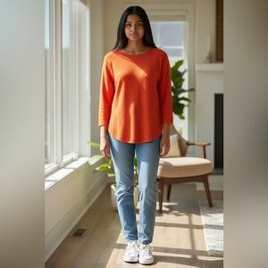 Eileen Fisher 100% Merino Wool Sweater Womens PS RED Scoop Neck Rounded Hem-EUC